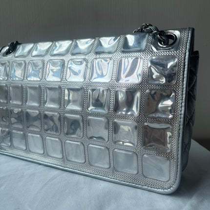 Chanel Ice Cube Chocolate Bar Classic Flap Metallic Silver PVC with Leather