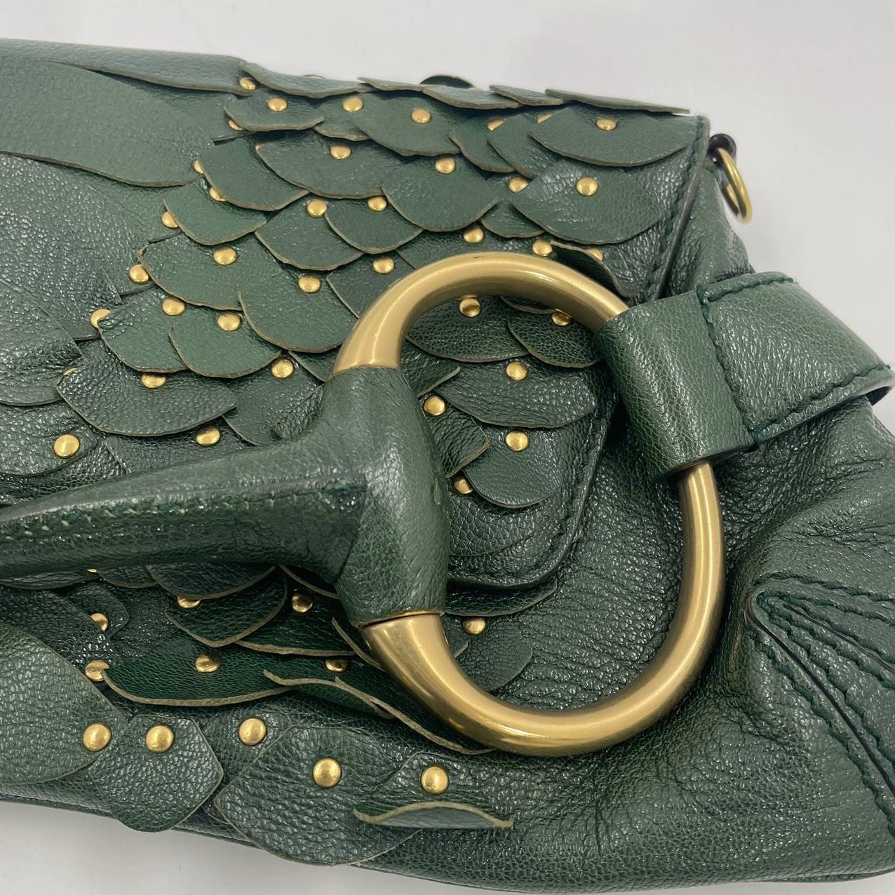 Gucci Horsebit 1955 Chain Green Leather and Gold Studs