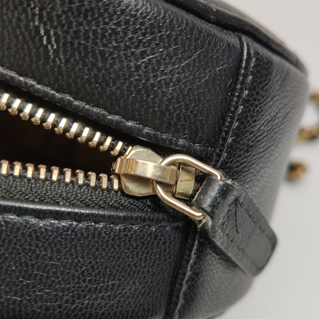 Chanel Round Black Lambskin Leather Crossbody Bag with Matelasse Chain and Pearls