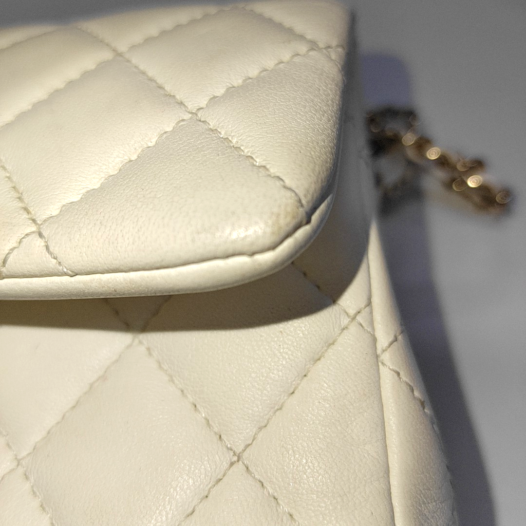 Chanel Classic Flap Rectangular Mini White Lambskin Pearl Crush Adjustable Gold Ball Chain