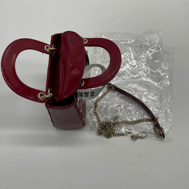 Lady Dior Mini 2020 Red Burgundy Patent Leather Gold Hardware Suede Interior Chain Strap