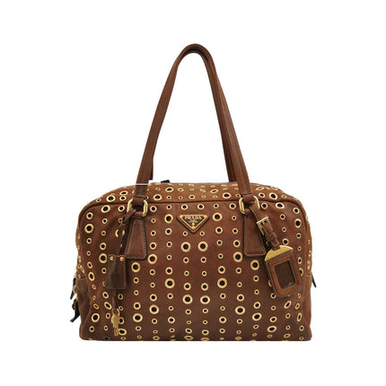 Prada Brown Grommet Calfskin Leather Gold Ringlet Shoulder Bag-Luxbags