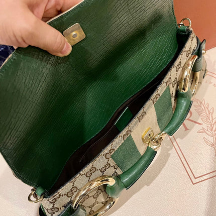 Gucci Horsebit 1955 Chain Cloth Green Web Monogram Leather and Gold Studs