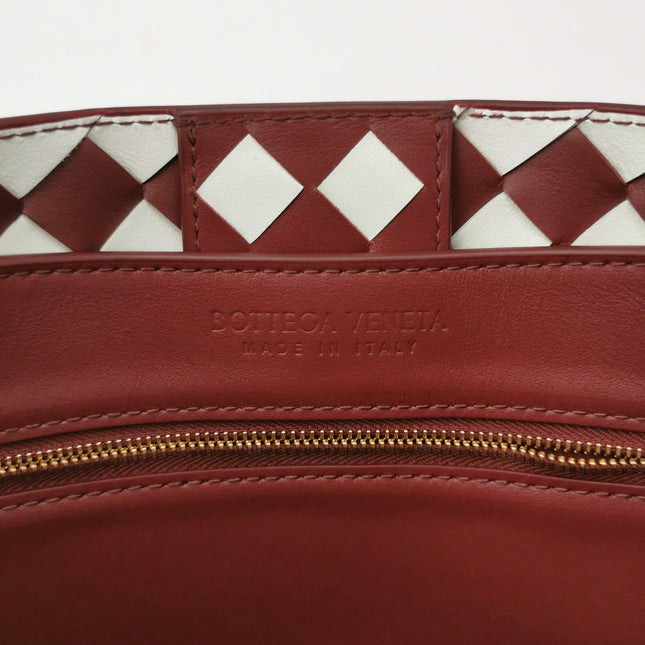 Bottega Veneta Andiamo Medium White and Burgundy Checkered Intrecciato Leather Handbag