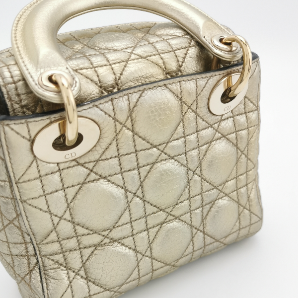 Sold Lady Dior Mini Supple Calfskin Leather Gold Cannage Handbag with Strap