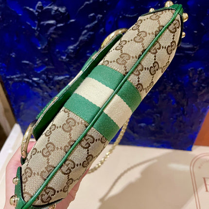 Gucci Horsebit 1955 Chain Bag Gucci Monogram Green Leather and Gold Studs