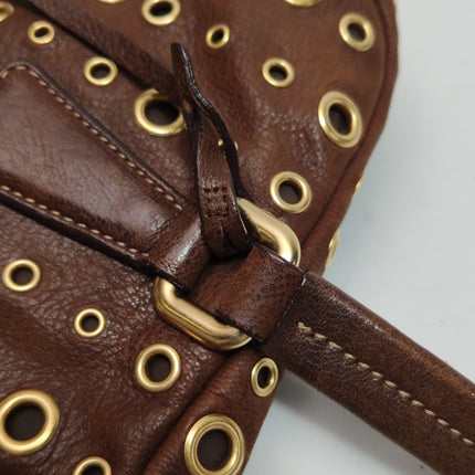 Prada Brown Grommet Calfskin Leather Gold Ringlet Shoulder Bag