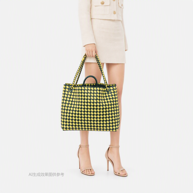Bottega Veneta Andiamo Large Yellow and Green Checkered Intrecciato Leather Handbag