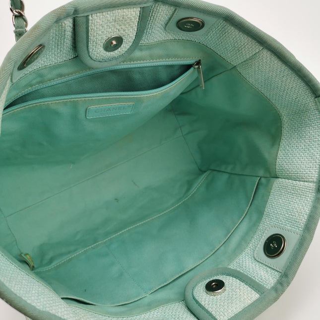 Chanel Deauville Tote Light Blue Cloth Leather Chain Handle Small 34cm