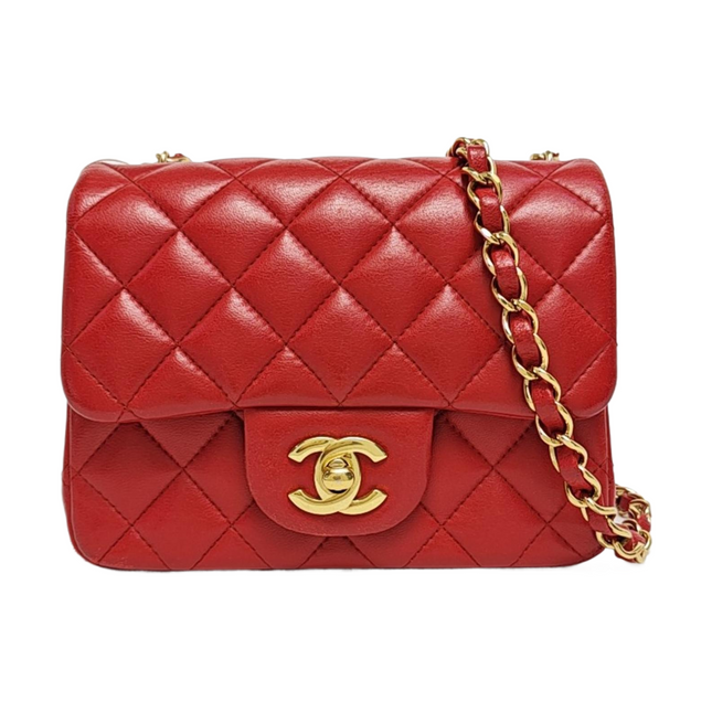Chanel Classic Flap Mini Square Red Lambskin Leather Gold Hardware-Luxbags