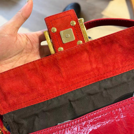 FENDI Baguette Red Crinkled Patent Leather Shoulder Bag