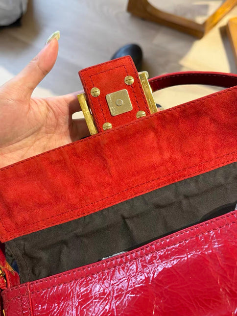 FENDI Baguette Red Crinkled Patent Leather Shoulder Bag