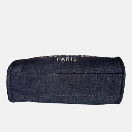 Sold Chanel Deauville Tote 2016 Medium Navy Denim Top Handle Shoulder Bag