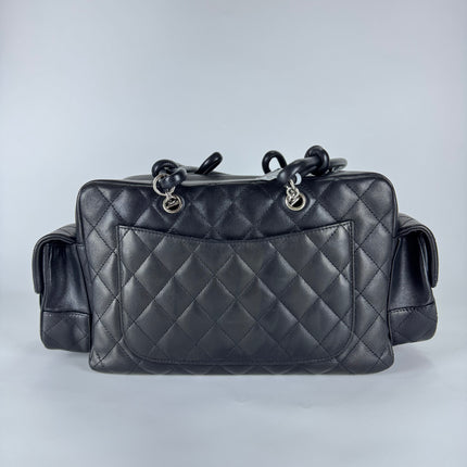 Chanel Cambon Multi-pocket Ligne Reporter Bag Medium Black Calfskin Leather White Logo