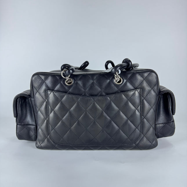 Chanel Cambon Multi-pocket Ligne Reporter Bag Medium Black Calfskin Leather White Logo