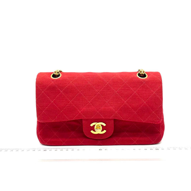 Chanel Classic Flap Small Red Fabric Double Flap Vintage 24k Gold Hardware Shoulder Bag