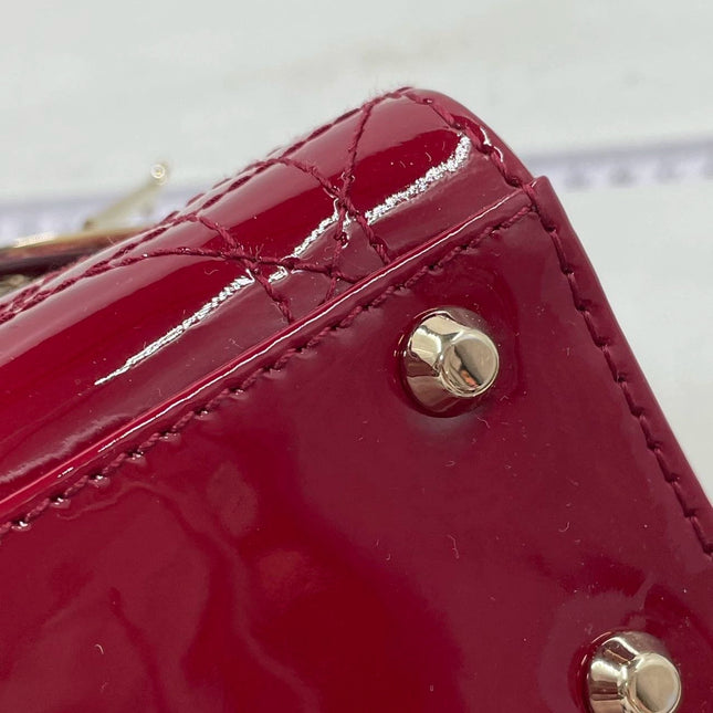 Lady Dior Mini Handbag Burgundy Red Patent Leather Gold-tone Chain Strap