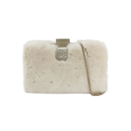 Chanel White Rabbit Fur Kiss Lock Clutch Chain Bag