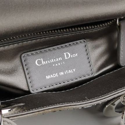 Lady Dior Mini Grey Silk with Crystals Silver Hardware