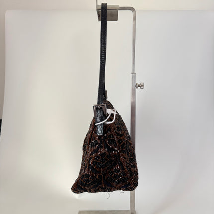 Fendi Mini Mamma Baguette Brown Glitter Beads Floral Embroidery