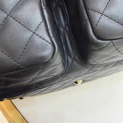Sac Reporter Grande Taille Chanel Cambon Multipoches en Cuir de Veau Noir Logo Blanc