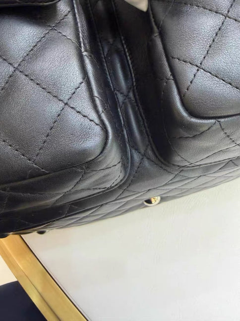 Chanel Cambon Multi-pocket Ligne Reporter Bag Large Black Calfskin Leather White Logo