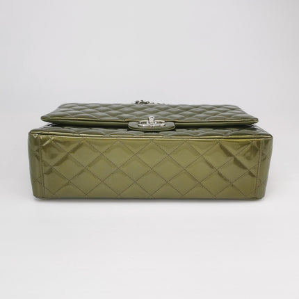 Chanel Classic Flap Maxi Metallic Green Patent Leather Double Flap Sliver Hardware 2012