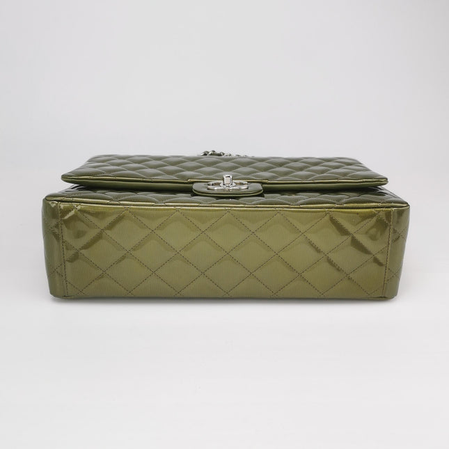 Chanel Classic Flap Maxi Metallic Green Patent Leather Double Flap Sliver Hardware 2012