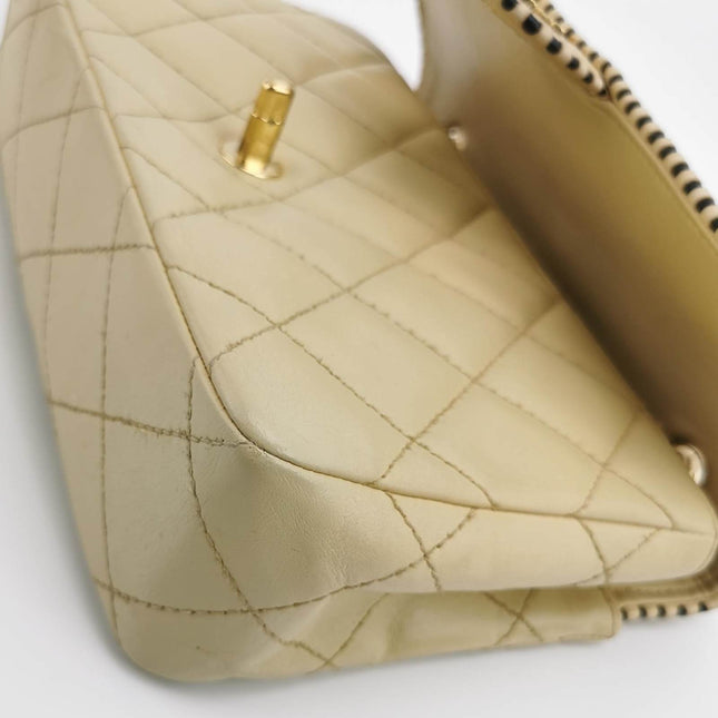 Sold Chanel Classic Flap Medium Happy Stitch Beige Leather with Contrast Black Trim