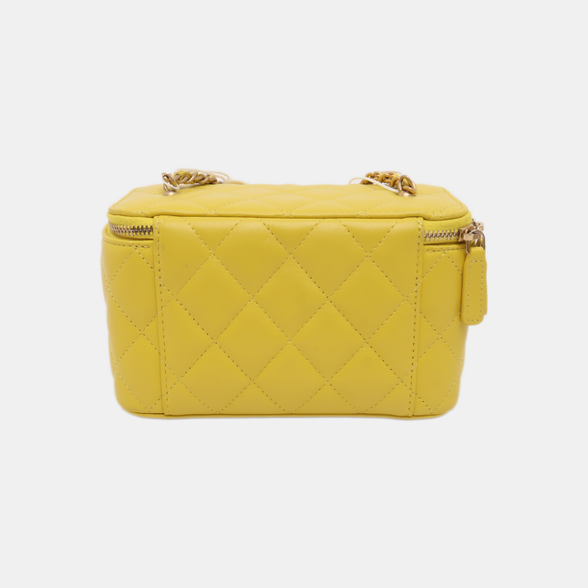 Sold Chanel Vanity Case Mini Lambskin Leather Yellow Gold Ball Adjustable Strap, Chip