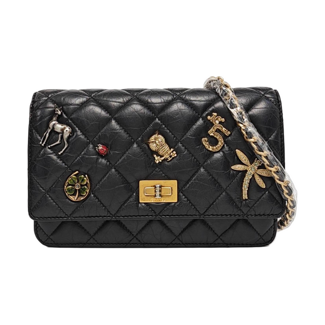 Chanel 2.55 Wallet on Chain Quilted Black Calfskin Leather Beatles Charms Gold Hardware-Luxbags