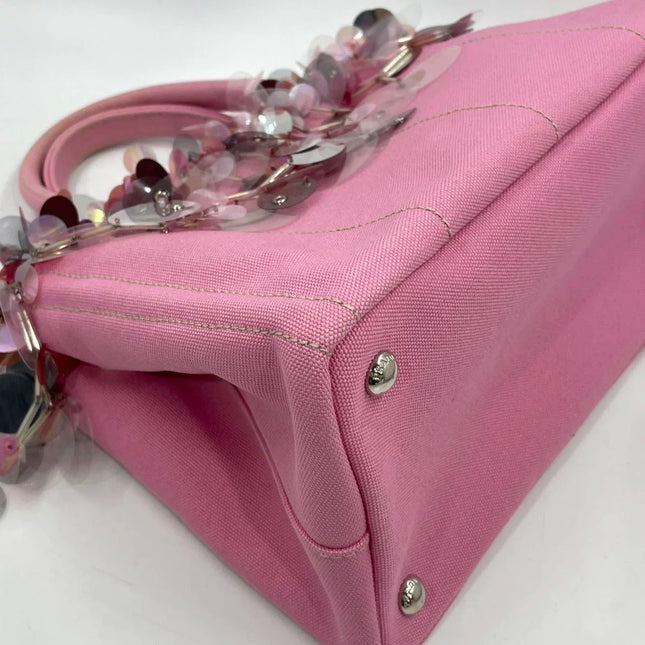 Prada Canape Small Pink Canvas with Sequins Top Handle Bag with Strap Rare