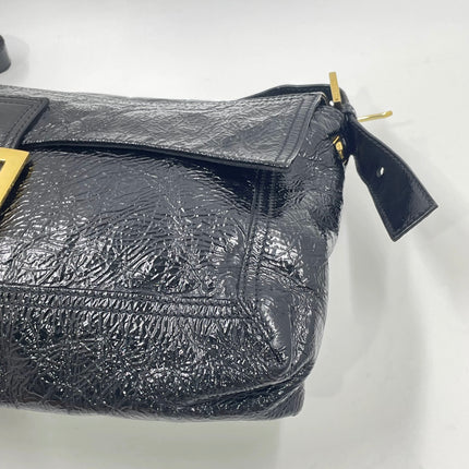 FENDI Baguette Large Black Crinkled Patent Leather Shoulder Bag