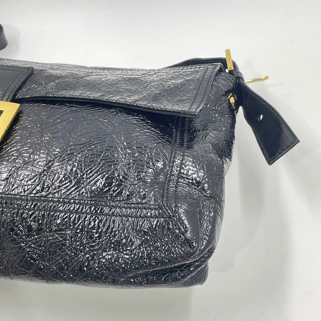 FENDI Baguette Large Black Crinkled Patent Leather Shoulder Bag