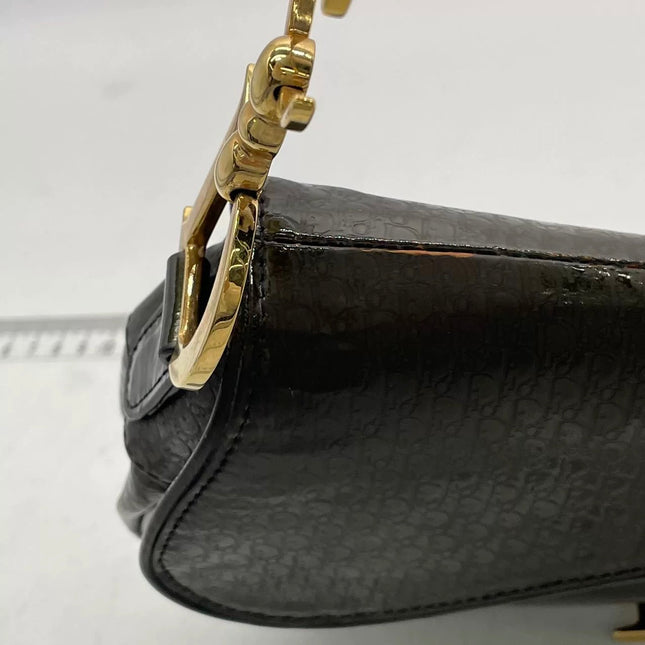 Dior Saddle Small Vintage Shoulder Bag Dark Green Oblique Print Patent Leather