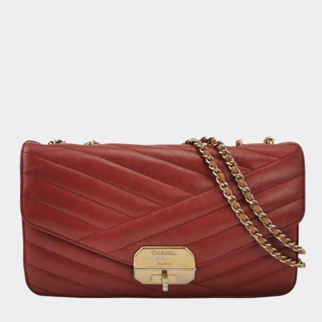 Chanel Gabrielle Flap Bag 2011-2012 Chevron Leather Medium Red Shoulder Bag-Luxbags