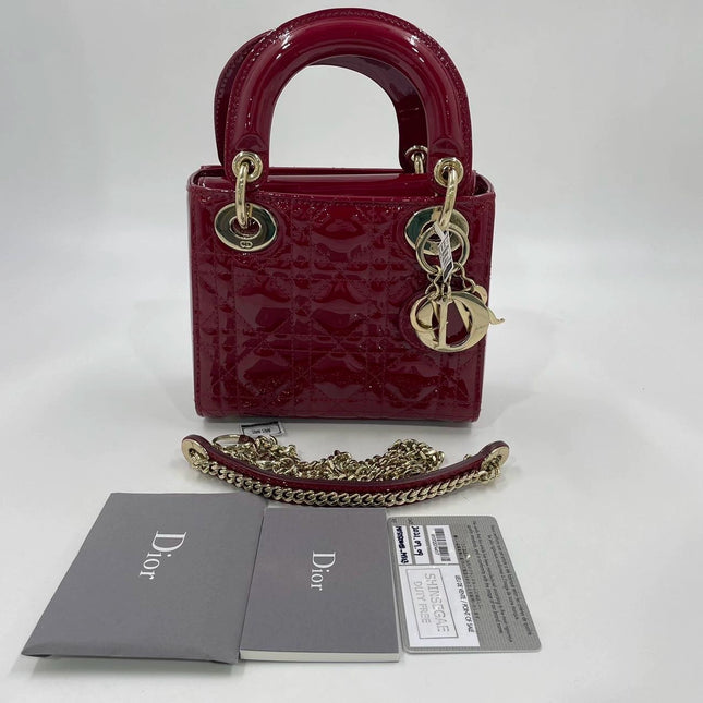 Lady Dior Mini Handbag Burgundy Red Patent Leather Gold-tone Chain Strap