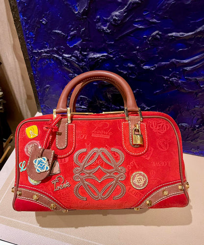 Sold Loewe Amazona 28 160th Anniversary Red Suede Badges Embellished Handbag