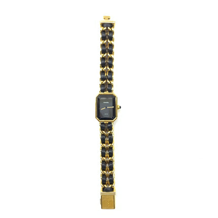 CHANEL 1987 Vintage PREMIERE Watch Medium Black Leather and 24KT Yellow Gold Plated