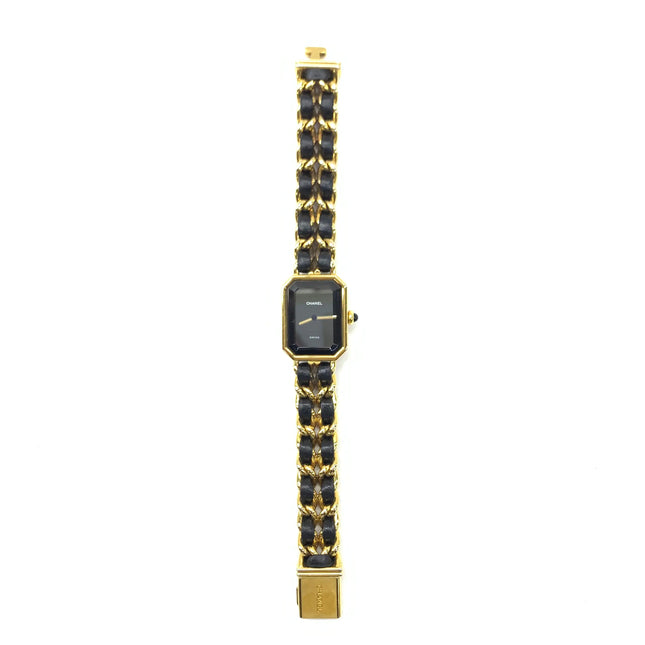 CHANEL 1987 Vintage PREMIERE Watch Medium Black Leather and 24KT Yellow Gold Plated