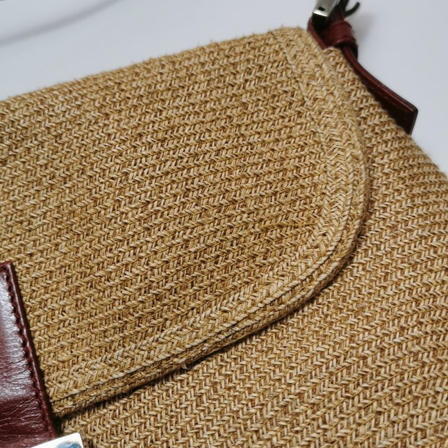 Sold Fendi Mamma Baguette Raffia Straw Shoulder Bag Red Leather Strap