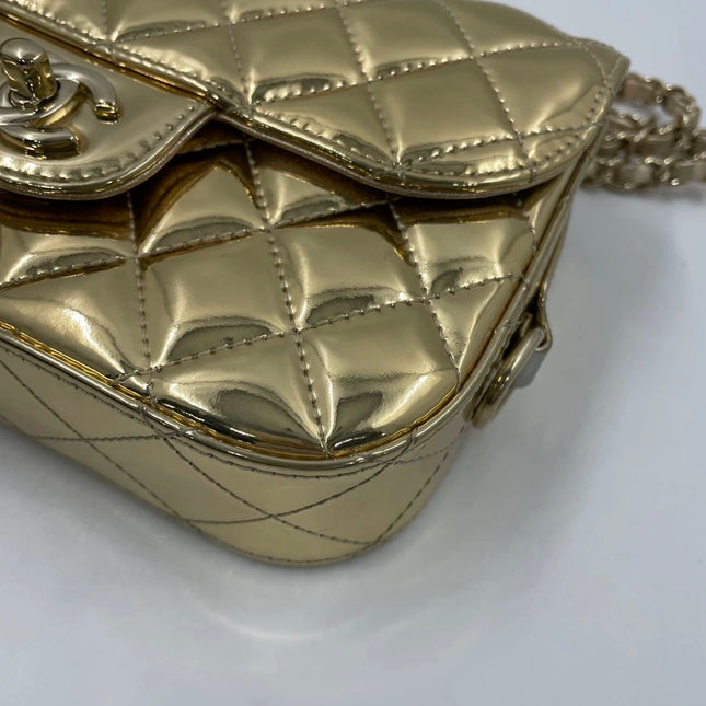 Chanel Classic Flap Mini Square Star Purse Gold Patent Calfskin Leather Mirror Glaze