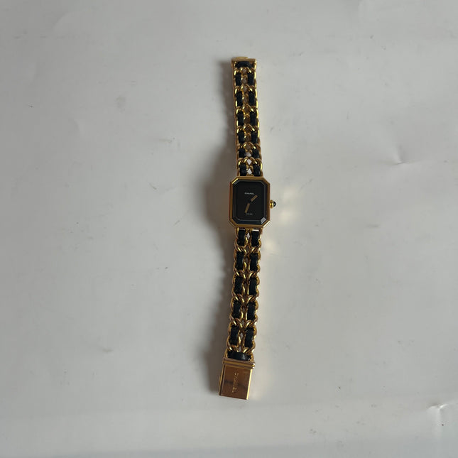 CHANEL 1987 Vintage PREMIERE Watch L Black Leather and 24KT Yellow Gold Plated-Luxbags