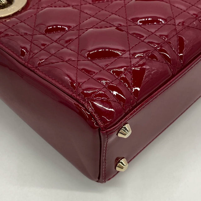 Lady Dior Mini Handbag Burgundy Red Patent Leather Gold-tone Chain Strap