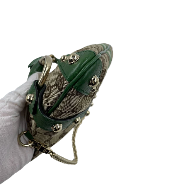 Sold Iconic Gucci Horsebit 1955 Chain Cloth Gucci Monogram Green Leather and Gold Studs