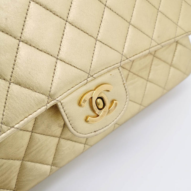 Sold Chanel 1994 Classic Flap Kelly Top Handle Bag Medium Metallic Gold Lambskin Leather