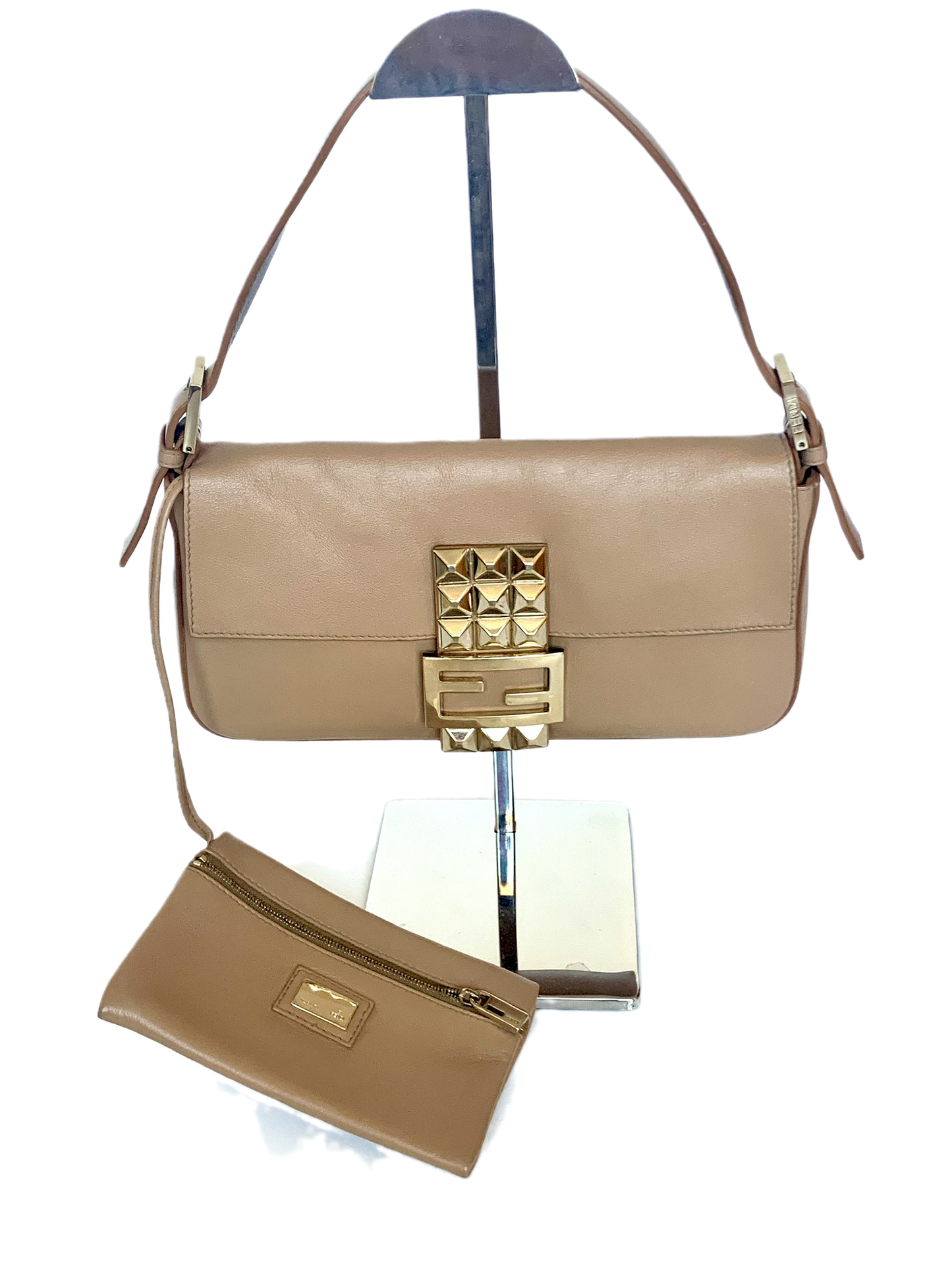 Fendi Baguette Beige Leather with Gold Studded Metal Buckle