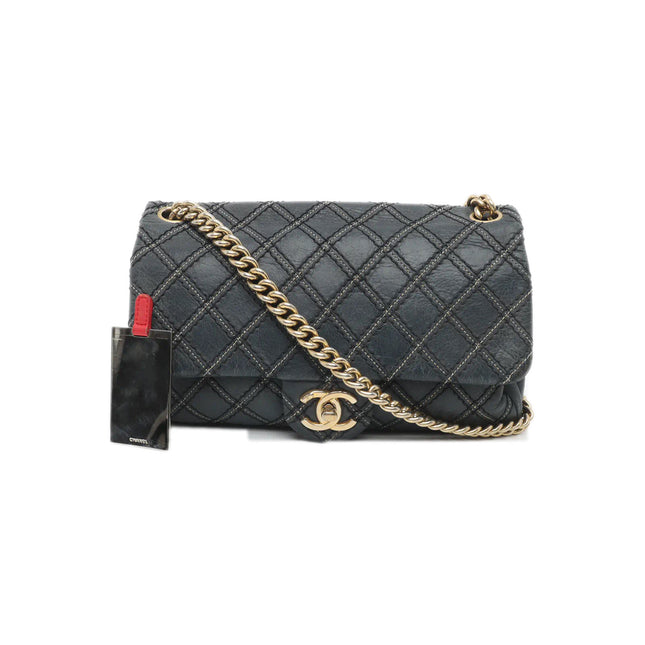 Sold Chanel Classic Flap 2014 Medium Navy Fabric Diamond Quilting Crossbody Bag