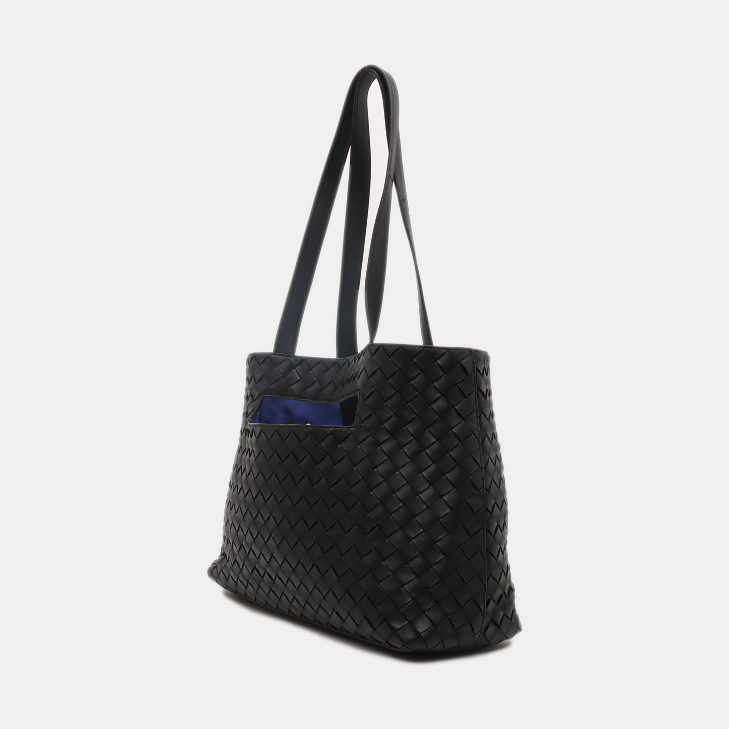 Bottega Veneta Slot Tote Black Intrecciato Leather Blue Suede Interior