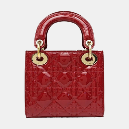 Lady Dior Mini 2021 Red Burgundy Patent Leather Gold Hardware Suede Interior Chain Strap